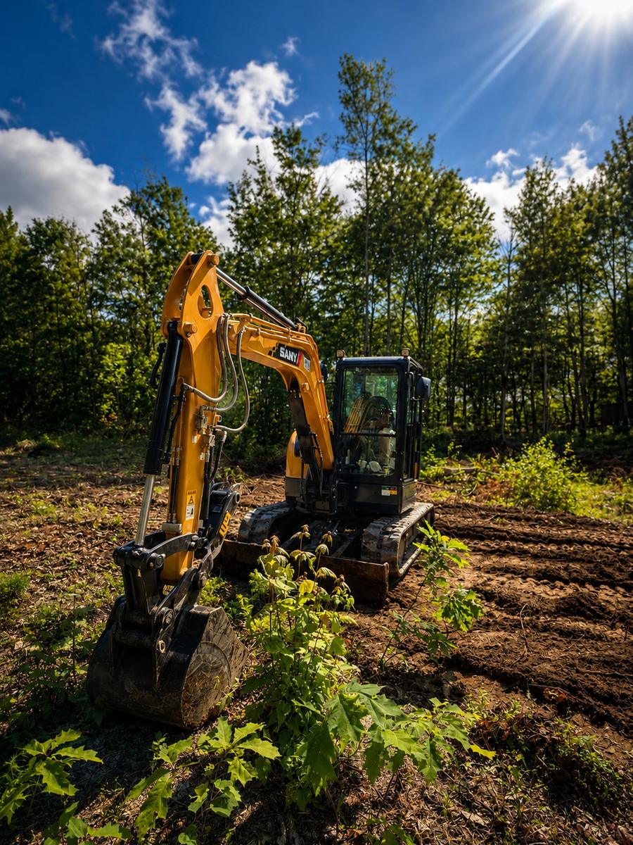 DeMillo's Excavation mini excavator working in a freshly cleared wooded lot