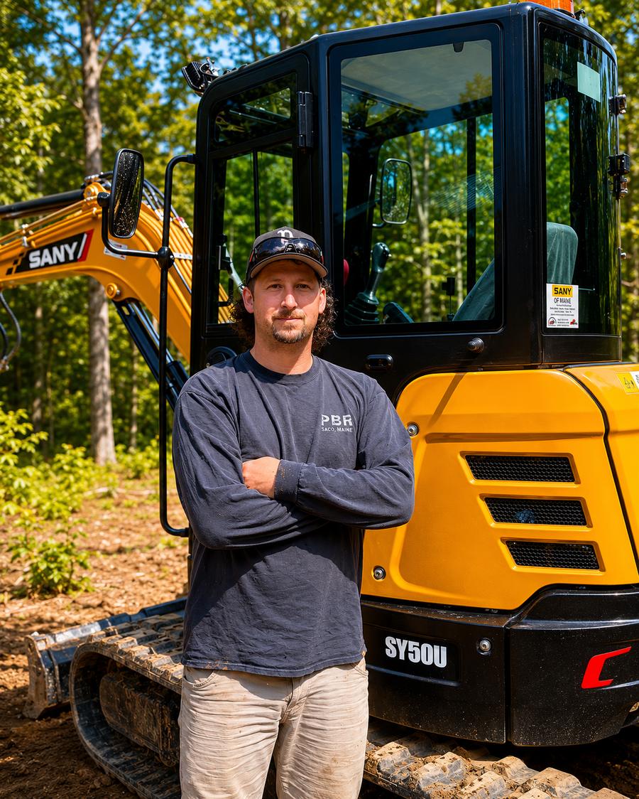 Brandon DeMillo standing with the DeMillo's Excavation mini excavator